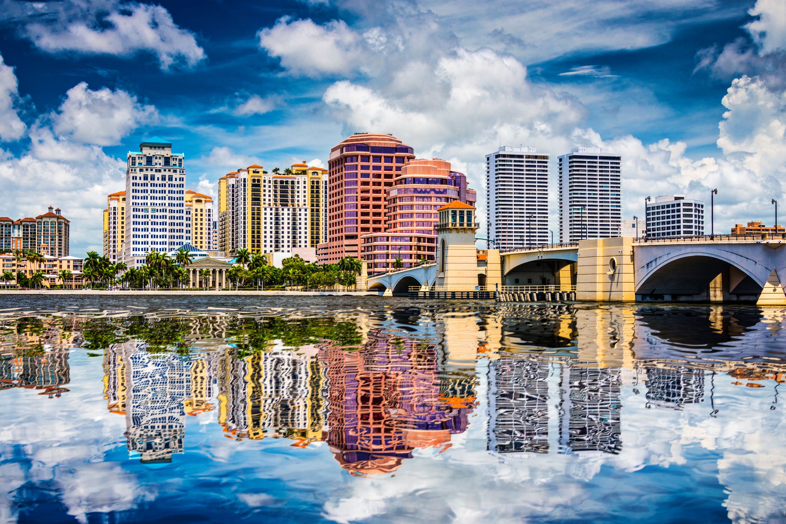 View of the Palm Beach Gardens skyline from the water.